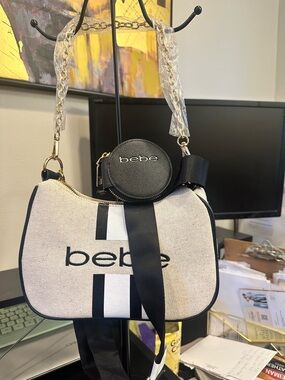 bebe Cream and Black Logo Shoulder Bag with Coin Pouch